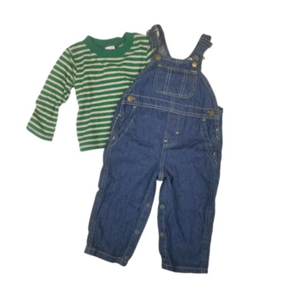 4/$25 Fisher Price Baby 2Pc Overalls Outfit Denim Jeans  Long Sleeve Shirt 12mo
